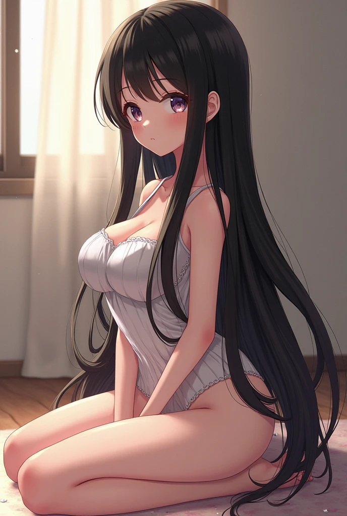 Amazing Chitanda, There is only one beautiful girl,purple eyes, black hair, Naturally straight hair, straight bangs, extremely refined,adult face,lips open,flowing long hair,Peerless beautiful girl, dreamlike,Slim,soft, (Sensual), (kawaii), Dream quality,On the edge of the hot springs,White transparent nightdress,camel toe,no underwear,side breasts,showing areola,Bare thighs,bare shoulders,Clavicle exposed,bare neck,groin,barefoot,bare breasts,ultra high resolution, (masterpiece:1.2, best quality), (Exquisite and beautiful eyes: 1.2), (Beautiful and delicate face)
