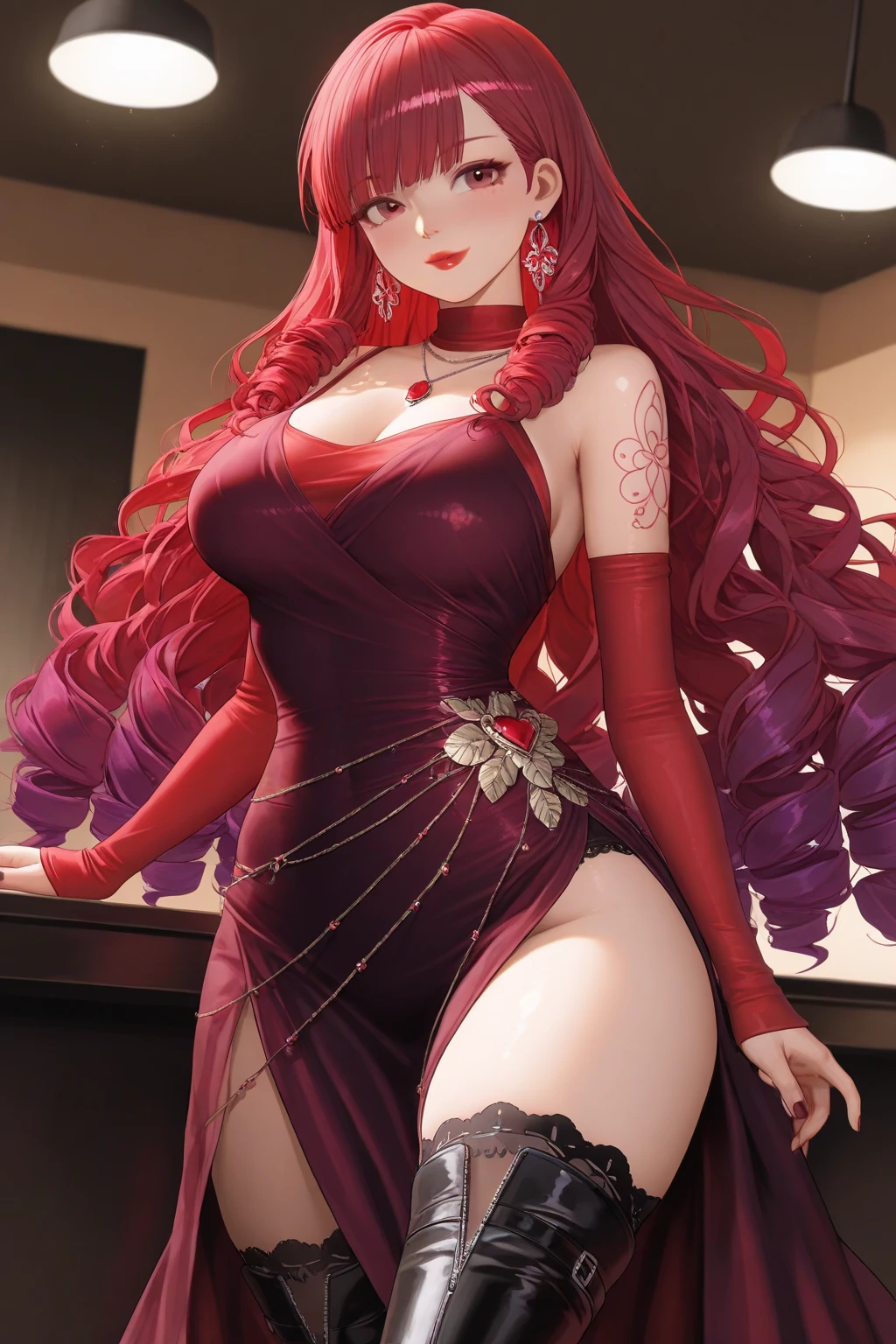 1 Girl, Jewelry, Red hair, Solitary, necklace, Long hair, earrings, Mole under mouth, Red nails, flower瓣, Red lips, Hair accessories, flower, black flower, pearl necklace, portrait, Lipstick, cosmetic, Gray eyes, Nail polish, gem,Open your mouth,Red lips,,Huge breasts, Open your mouth,(Glowing skin),(Mature female:1.2),Cabernet Sauvignon,,Visible throughout the body,Perfect legs,High heel