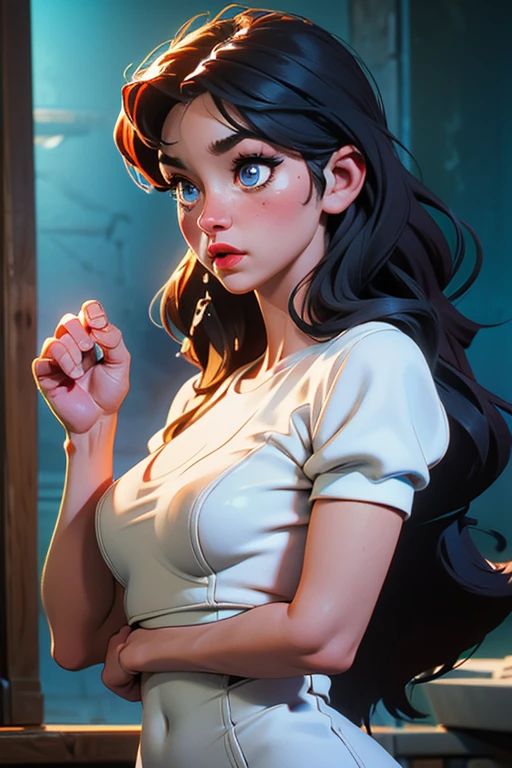 (Logo, masterpiece, 8K, On the table, original photo, wonderful, 最high quality, Realistic and detailed CG composite 8k wallpaper, high quality, Very detailed, Narrative Poems, Particle Effects, dynamic effect, Depth of border, light, lens flare, Ray Tracing), short hair beautiful young woman, Hair tied at the back, High Detail Skin, very good, Fine skin texture, Pretty Face, Realistic eyes, Beautifully detailed eyes, Realistic skin, Beautiful skin, Surreal, Smiling eyes, Hair and light eyes, Energetic, 五彩light和散景. light在她的脸和头发上投射出温暖的光芒, blue glow, Water reflection, Create a dreamy and magical atmosphere, Large Breasts, Brown hair, short hair, Plump lower lip, Apply pink blush on cheeks , Pink lips, Brown Skinny Off Shoulder Knit Sweater,huge , Crazy breast swelling, Chest larger than shoulder blades, Big breasts and thin waist,(huge breasts:1.2),Hydrated skin((rogue))((非常huge??)),((Grooves reveal original skin))