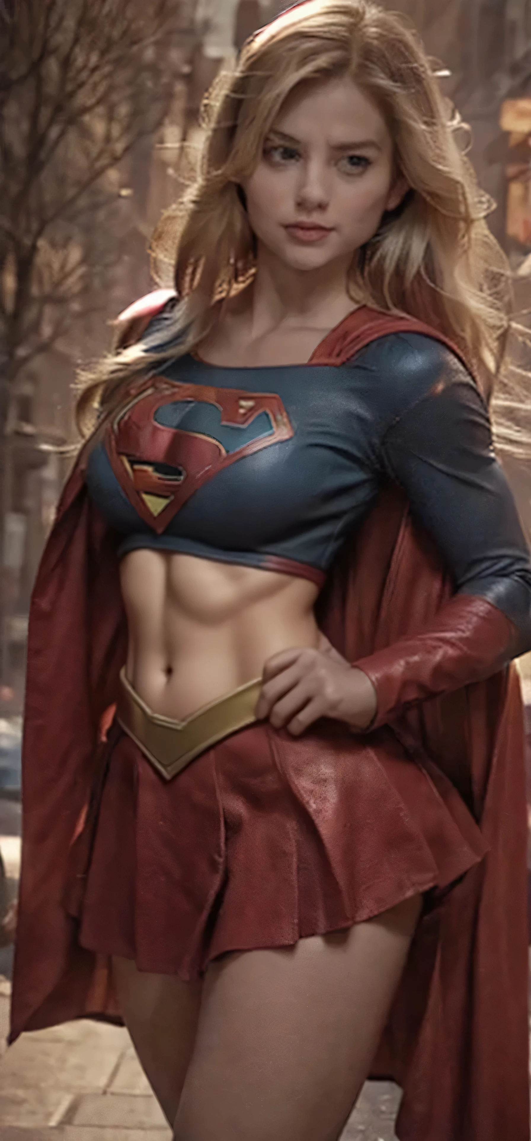 8K, Ultra HD, super details, high quality, high resolution. The heroine Supergirl looks beautiful in a full-length photo, her body is sculptural, her long wavy blonde hair is radiant in a perfect combination with her white skin, her bright blonde eyes mesmerize everyone. She is wearing her heroine outfit, a red skirt with a yellow belt, a very tight blue t-shirt with a big red S on the chest, Elta also wears a red cape and red boots. she looks very sexy drawing attention to her big breasts and thick legs as she flies through the sky.