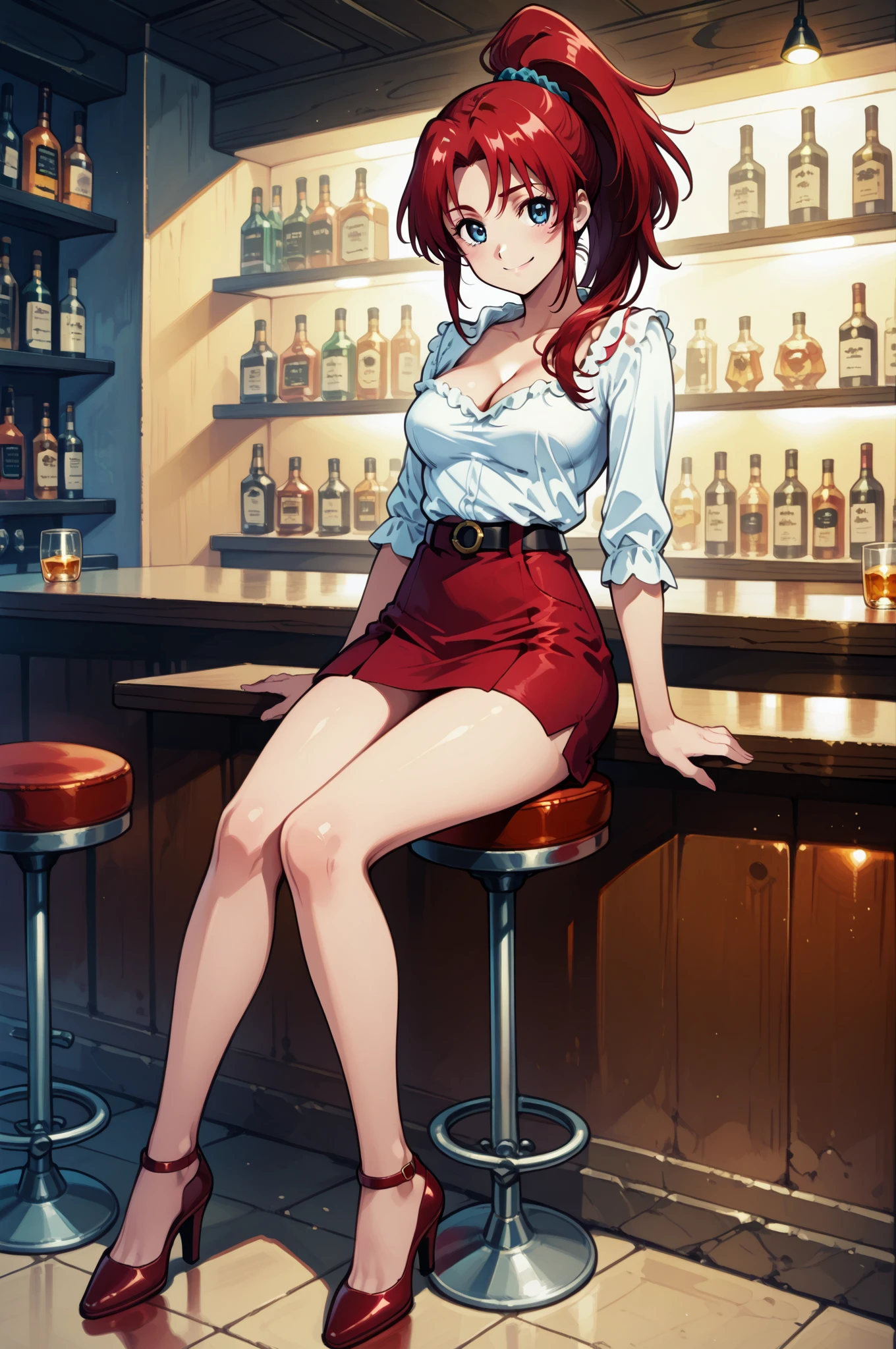 1 girl, solo, shot from side, looking to the side, short hair, sport thong, sport bra, (burgundy thigh highs), stockings, Long stockings, arm gloves, anklet, armlet, thighs strap, arm strap, chocker, sitting (sit down), full body, mature female, ass, thick, burgundy color, tavern, A picture taken from a video game, restaurant, bar stool,