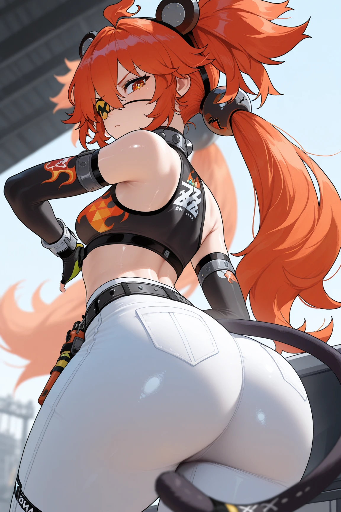 Cute, (masterpiece: 1.2), (best quality: 1.2), perfect eyes, perfect face, perfect lighting, (1girl), (solo), (female focus), thick thigs, big ass, standing,dragon scales on body, smile, sharp teeth, tall giro, short hair, (red hair), orange iris, blush, face, big boobs, crop top, leggings, sweaty, leg spread