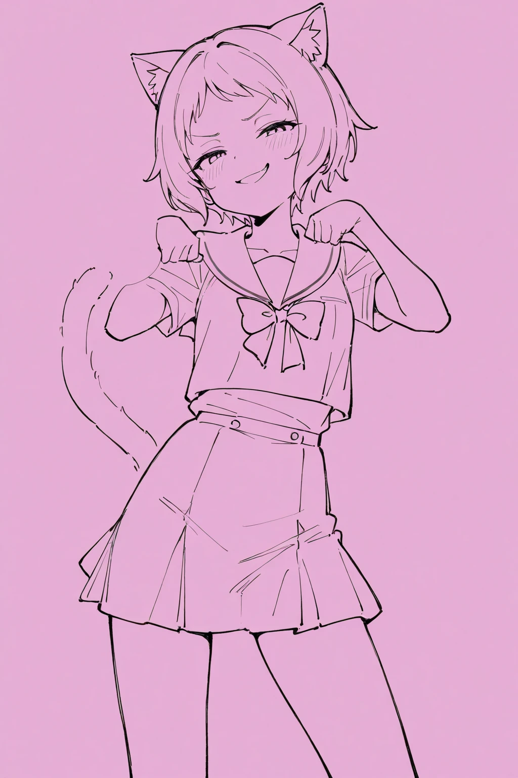 masterpiece,, One girl, alone, short, White Background, Monochrome, Line art, ((sketch))、Facing forward、Wearing a camisole、smile、Making a peace sign、Side Tail Hair、Eyes closed、Teeth are visible