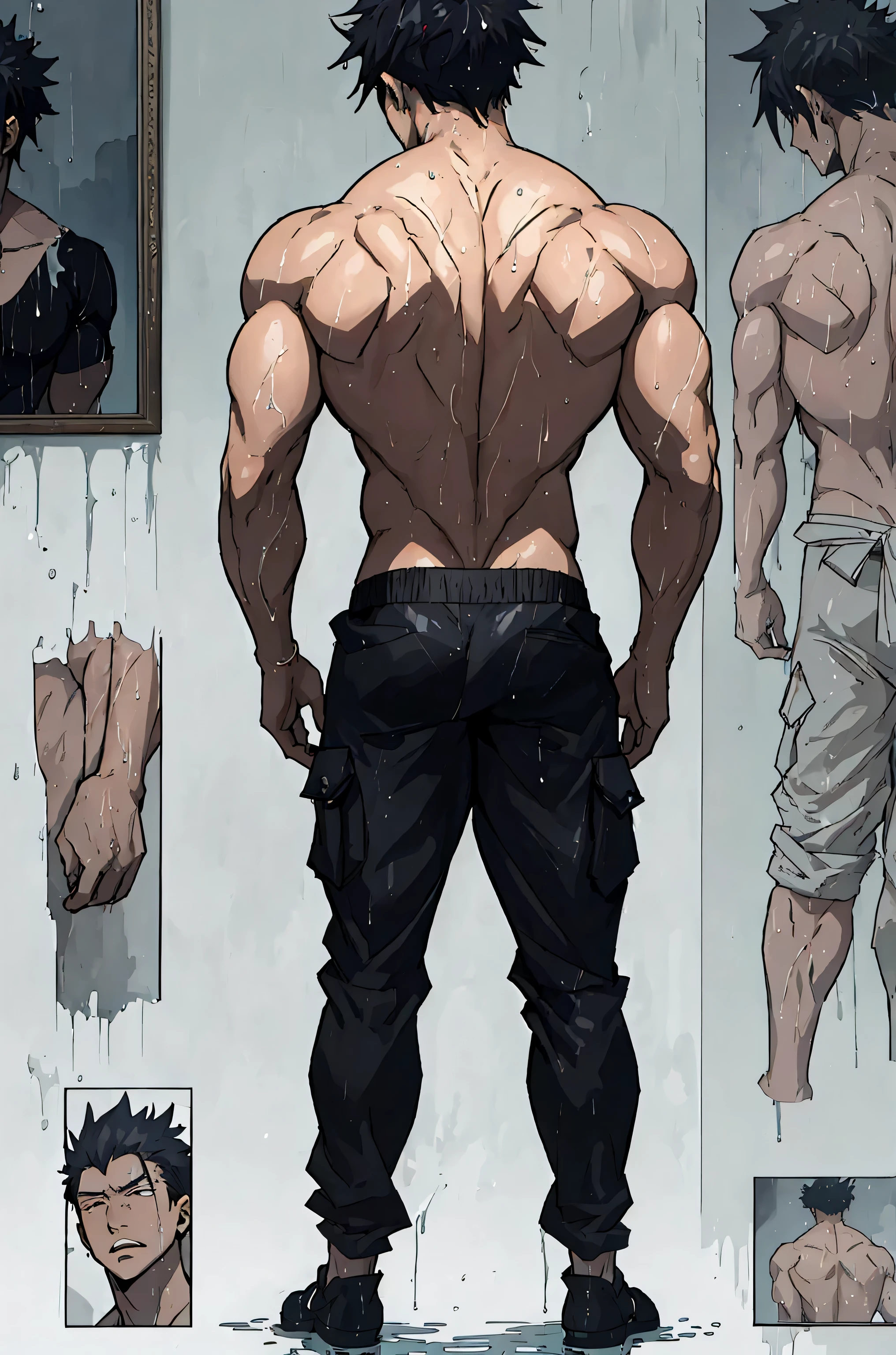 (original-art:1.2),(lineart:1.33), 1male, black hair, 1950s greaser, mature masculine muscular, handsome chisled facial features, muscular hairy body, 70s mustache, unbuttoned ripped white shirt, open shirt, taking his shirt off, un-zipped jeans, opened pants, taking his pants off, pubic hair, huge crotch bulge, sexy, hot, jock, erotic, (hyperdefined),(inked-art), hero-angle, masculine stance, erotica, full body shot, cartoon, indoor, dramatic lighting, sidelighting,complex lighting,(full vibrant colors),hatched-texture,(fine-details:1.2),absurdres,flat-colors,ultradetailed, city street,