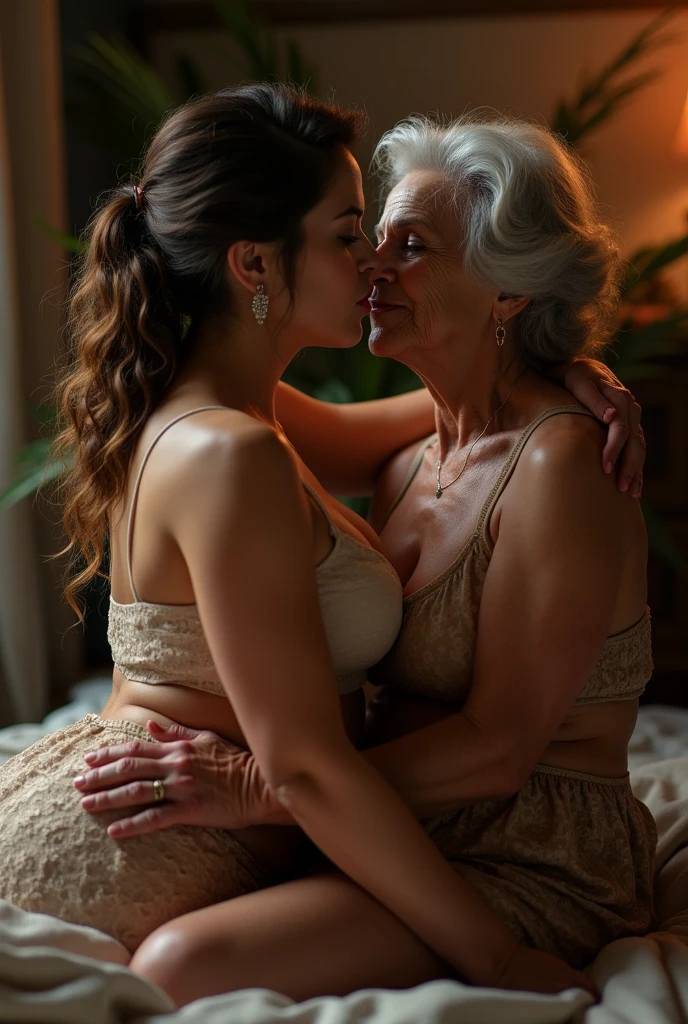 Create a photo of a single young woman aged 25, com pele branca e clara, slender and beautiful body, long brown hair who is braless and wearing black lace panties, and his white shirt is being lifted by a 90 year old woman, obese, dark black skinned woman who is dressed in a red dress 