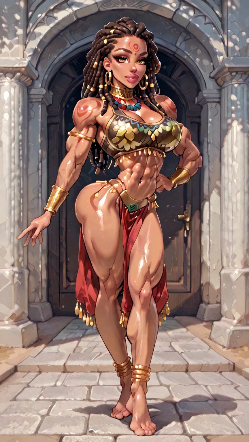 (masterpiece, top quality, best quality, official art, beautiful and aesthetic), (1girl), ((Full Body:1.5)), (slim waist), wide hips, wide shoulders, (Long Legs), (massive female bodybuilder:1.9), (gigantic breasts:1.8), long wavy black hair, tanned skin, detailed background, (hot summer outside a Ancient Greece Temple theme), (transparent greek goddess attire:1.5), sheer fabric, strapless, jewelry, armlets, elaborate necklaces, gold jewelry, precious stones, scimitar, curved sword, dark mysterious lighting, shadows, magical atmosphere, dutch angle,