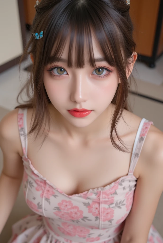 masutepiece, Best Quality, Illustration, Ultra-detailed, delicate detail, Hight Resolution, 8K wallpaper, Perfect dynamic composition, Beautiful detailed eyes,  Natural Lip, (Sexy knitted dresses) , (((Huge breasts :1.2, and droopy breasts:1.1))), cleavage, Random sexy poses, s whole body, super delicate face, (((Dazzlingly white skin))), moist lips, (ponytail hair), Innocent Big Eyes, Detailed Eyes, ((very detail eyes)), (from above:1.2)