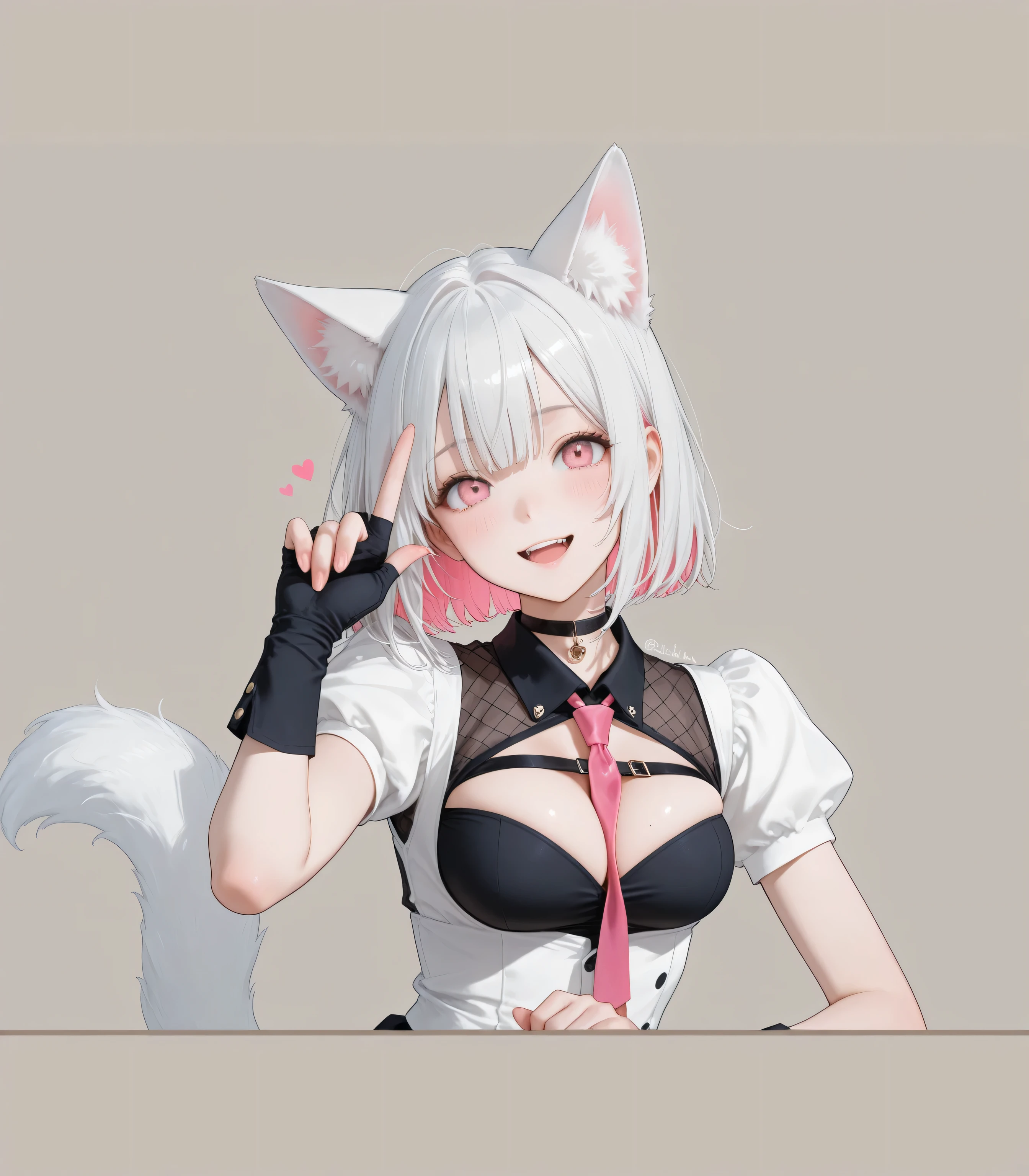 (best quality:1.1), (masterpiece:1.2), (solo), (upper body), looking at viewer, (white furry:1.2), (messy long white hair), red eyes, ((cat girl)), ((open white jacket, pet collar)), naked, ((mad widen eyes)), ((mad smile)), mad expression, staring the viewer, white laboratory background
