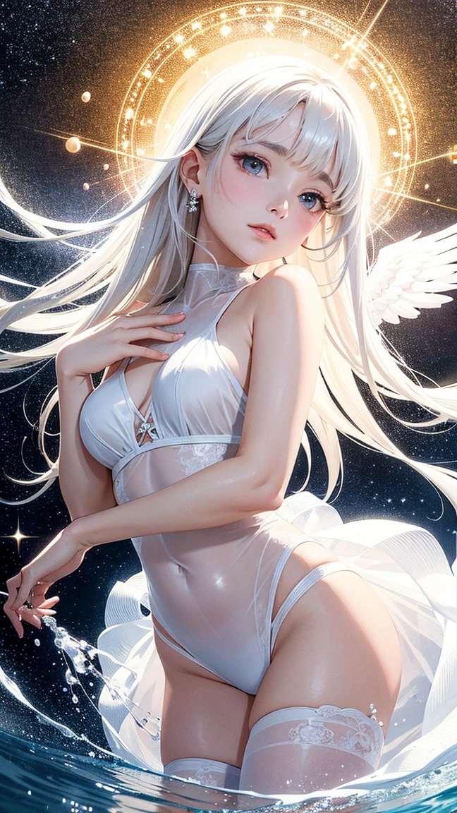4K Ultra HD, masterpiece, A girl with a magical aura, Nice face, Long Hair, Shiny Hair, Fine grain, Glossy lips, Nude 1.5, Aura around the body, Magical Effects, Spreading white light, Cosmic elements and ethereal atmosphere, A mix of bright lights and colorful nebulae, Space Background,, Full Body Capture.(((Whitening 1.5)))、Silver Hair、(((Wearing white cloth 1.5)))、Hair and fabric fluttering in the wind、、Full Body Shot、Open your mouth、(((1.5)))、