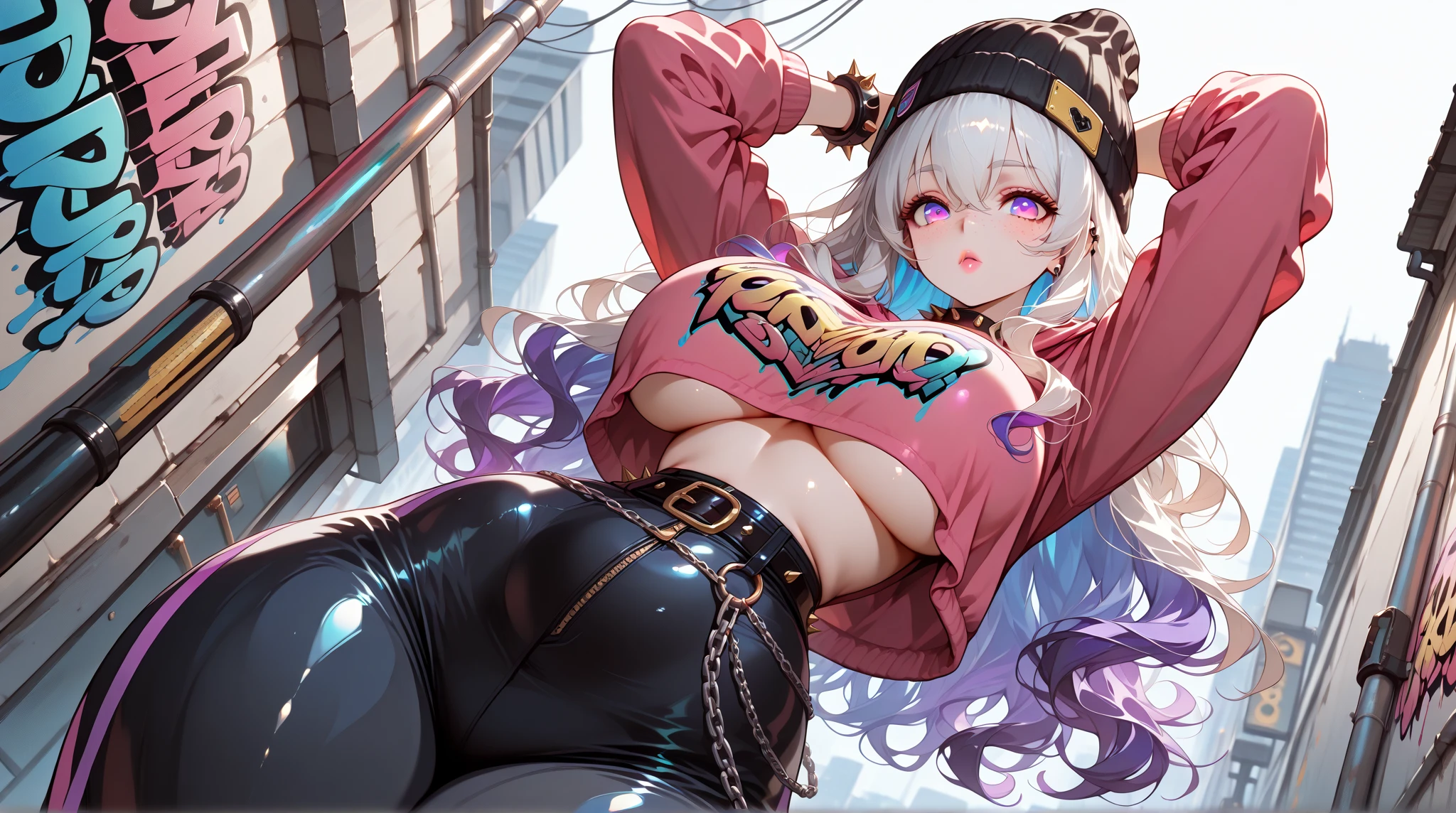 Erotic Anime Illustration、highest quality、Sex Appeal、Downtown Festival、Venice、smile、Splatoon、Bikini pants、A wall covered in graffiti paint、Excited plump bitch gal、Perfect proportions、Very large breasts、Fatty legs、Beautiful, shining eyes、Exposing the local area、Sweaty、Cowboy Shot