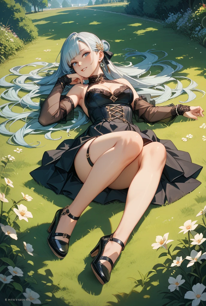 (8K, best quality, master piece: 1.4),super high resolution, One girl, solo, full body, bird's-eye view, junior high school student, ultra-detailed face, detailed eyes, rainbow colored iris, cyan eyes, bob cut, Silver gray hair, blunt bangs, hairband, orgasm face, Medium chest, One-piece dress, bare legs, anklet, garden, Lie down