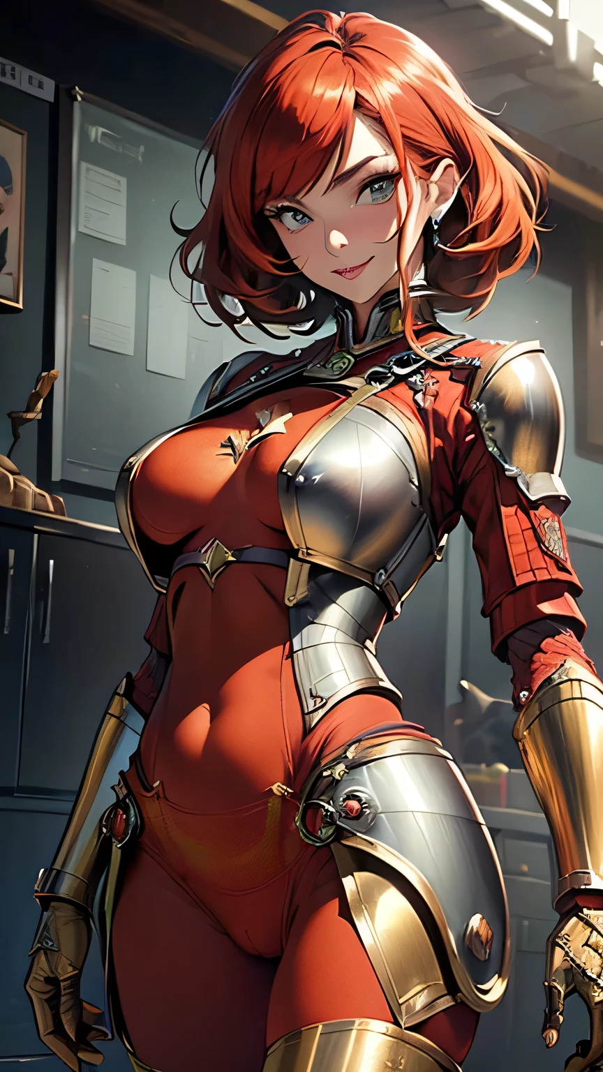 (high resolution, pixel perfect, gorgeous illustrations), (hyper quality, muste piece, etheric: 1.4), (((cowboy shot))), face focus, ((1girl)), teenage girl, (female savage), ((((hairy_woman)))), (((((open stance))))), cool atmosphere, black hair, (((((twintails, slicked_back_hair))))), Exquisite face, ((seductive smile)), blush, (((((((muscular_female))))))), (thick thighs, wide hips, Big breasts that are about to burst), fighter, (((highleg_armor))), (((highleg_leotard))), (((((cameltoe))))), shiny skin, gleaming skin, sweat, simple background,