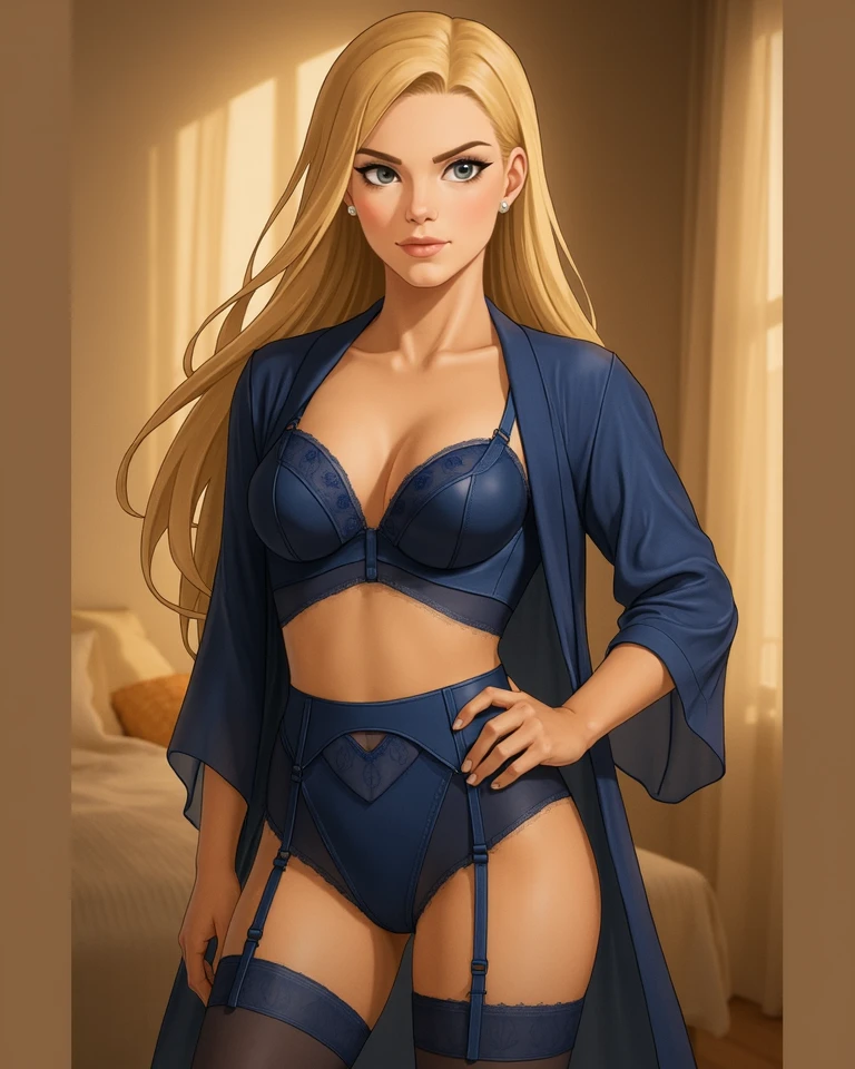 Disney Pixar Cartoon, there is a woman in a bikini and blue bow in front of a mirror, sexy girl, sensual digital painting, Photorealistic perfect body, a beautiful blonde, sexy girl with long blonde hair, thick, in a black bra, digital art of an elegant, realistic bikini, blonde goddess, sexy look, jaw-dropping beauty
