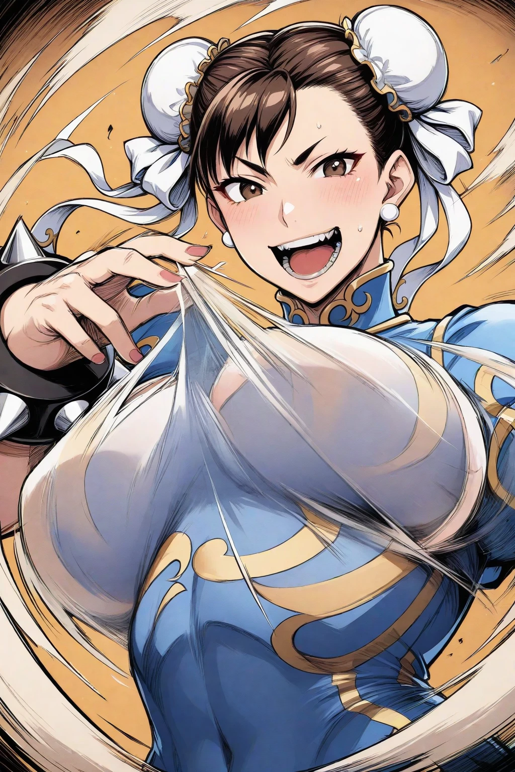 Upper body, masterpiece, highest quality, most detailed, NFSW, Facehugger, monster, Chunli, From SF2, bun hair, Pan with lid, China dress, chai pao, blue clothes, puffy sleeves, (Torn:1.3), huge saggy breasts, black hair, weakness, Cramp, Liquid sticky to the body, helpless, built into the wall,