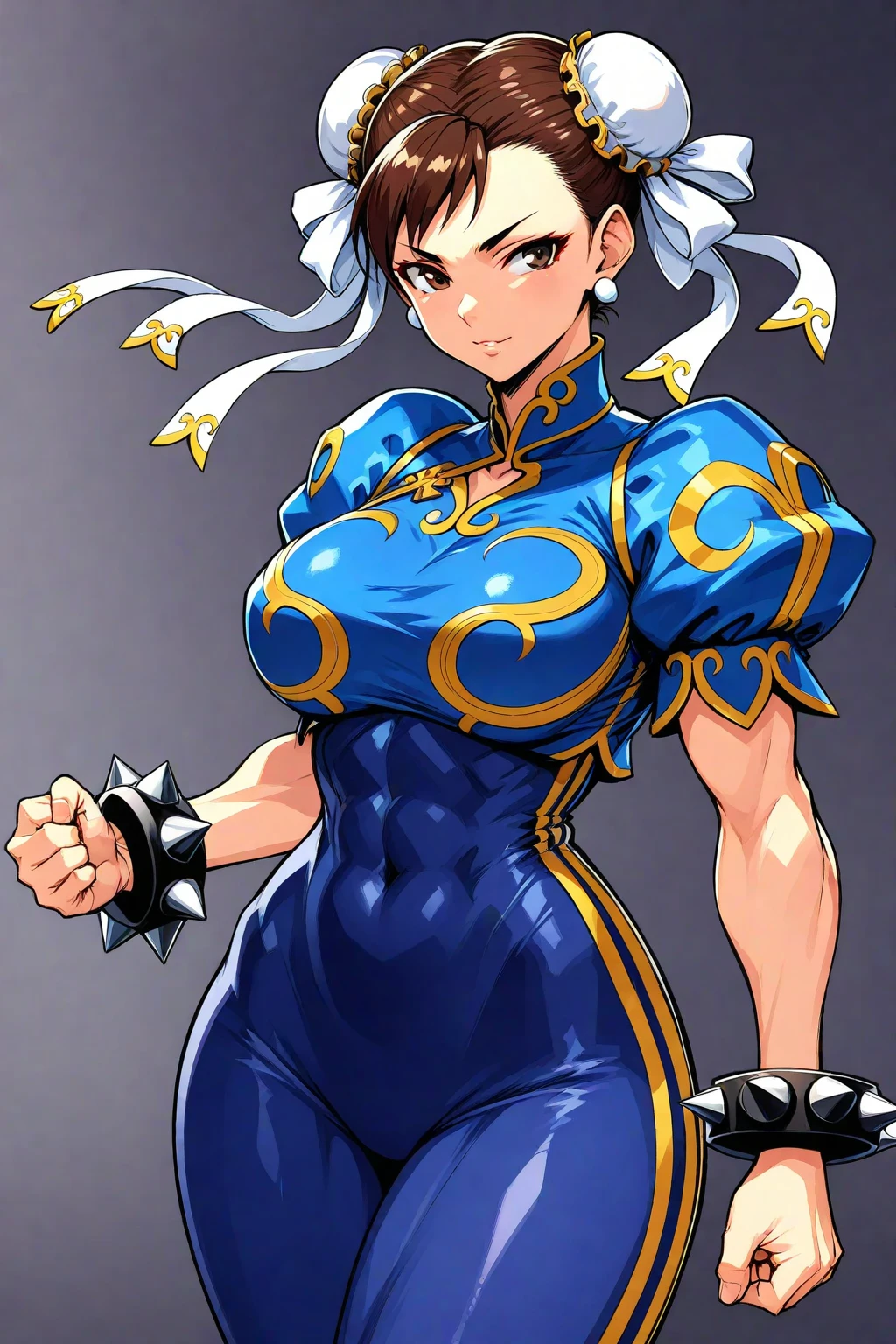 in kinu-sensei artstyle, Kinu Nishimura style, muted pastel colors, medium breasts, Chun-Li, The image features Chun-Li, a character from "Street Fighter 2." She is depicted with a stern expression and a strong stance, Chun-Li has her signature hairstyle with twin buns adorned with white ribbons. Her outfit is a traditional Chinese qipao in a vibrant blue color with gold accents, featuring puffy sleeves and a high collar. She wears spiked bracelets on both wrists. The art style combines realistic proportions with a semi-realistic shading technique, highlighting her muscular build and dynamic pose.

**AI Art Prompts:**
"Chun-Li from Street Fighter 2, detailed character design, traditional Chinese qipao, vibrant blue and gold colors, twin buns with white ribbons, stern expression, dynamic pose, muscular build, semi-realistic shading, spiked bracelets, high collar, puffy sleeves, in kinu-sensei artstyle