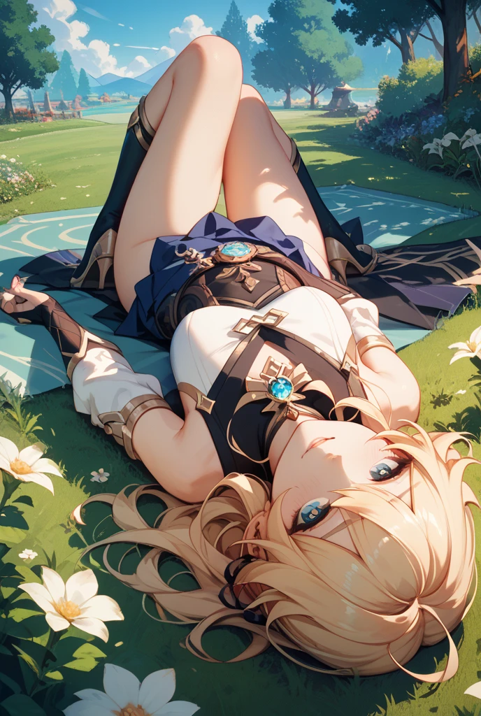 A beautiful woman in a field of gorgeous wildflowers, wearing an elegant two-piece dress, wearing a modern and very flattering hairstyle. This is a spectacular aerial drone view but close up. Taken with a professional camera. ((La mejor calidad)) ((senos gigantescos masivos))