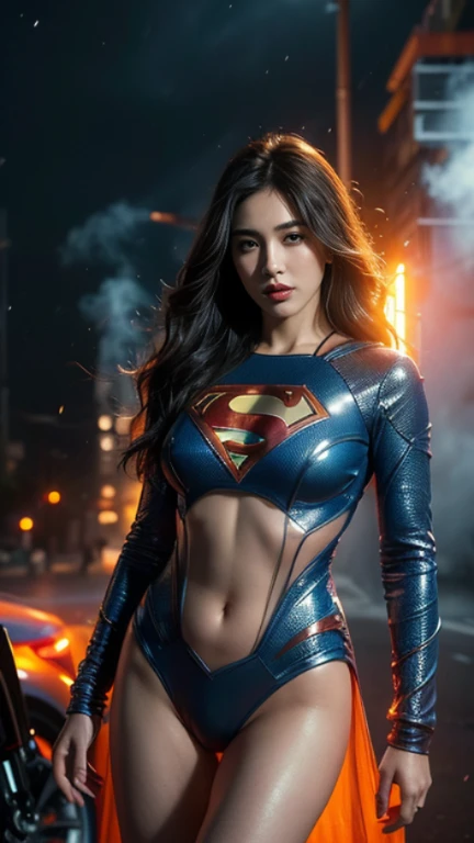 Mulher bonita com cabelo loiro ondulado, olhos azuis delicados e encantadores, entalhe da coxa, pernas longas sexy, camiseta em (saia curta), com letra S do superman, pernas bonitas, pernas nuas, cyberpunk futurista bonito + cidade, mistborn, humid, chuva, obra-prima de melhor qualidade, realista, detalhado, 8k, HDR, profundidade de campo rasa, luz ampla, alto contraste, luz de fundo, flooding, flash, chromatic aberration, foco nítido, foto de cor RAW, Superman S symbol on chest.