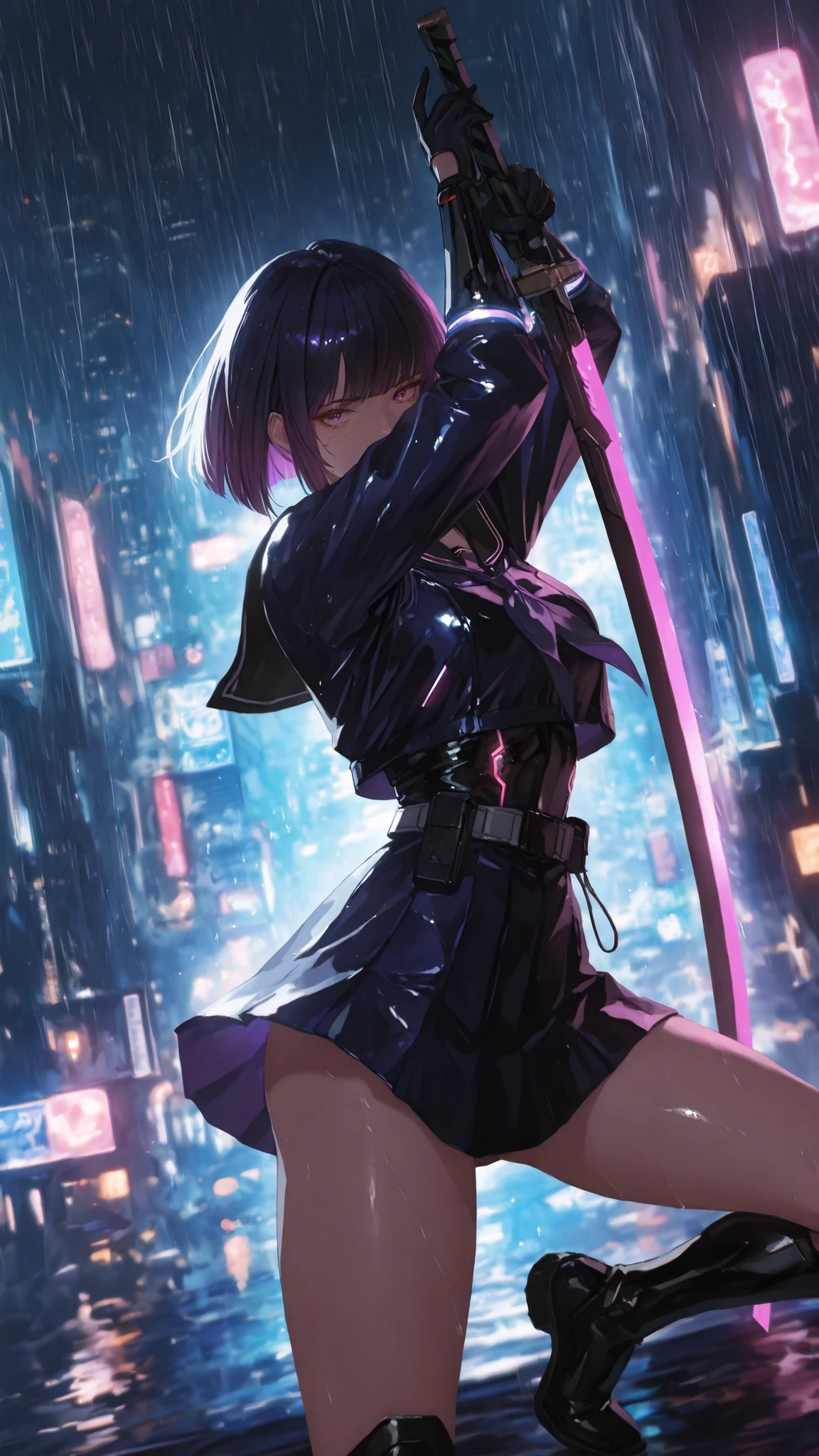 masterpiece, best quality, amazing quality, very aesthetic, high resolution, ultra-detailed, absurdres, newest,a cyberpunk female swordsman in in Black sailor suit, neon-lit rain, holographic city, dynamic sword pose, cold gaze, high-tech ninja elements, dark blue and purple palette, cinematic lighting, 8K ultra-detailed