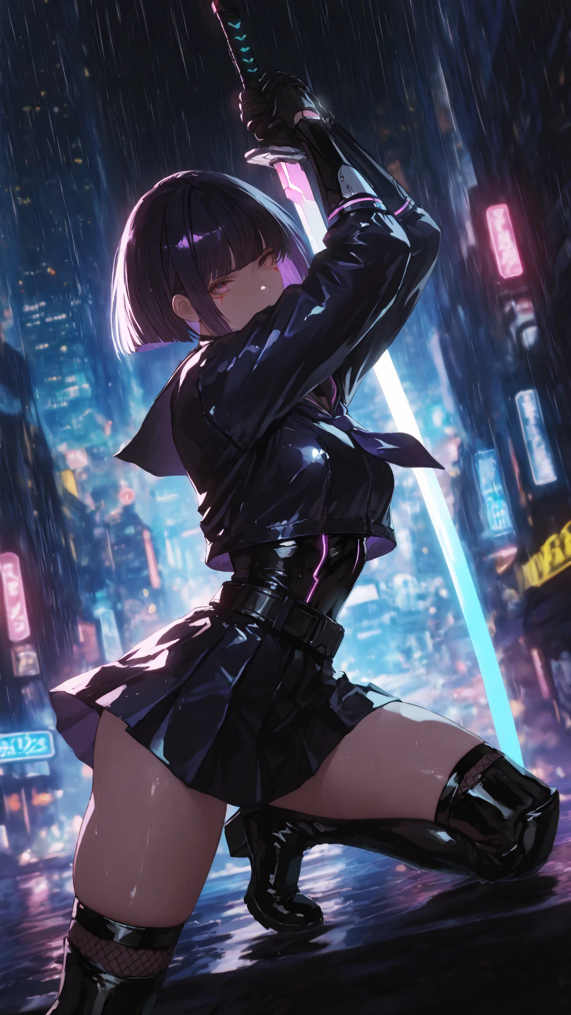 masterpiece, best quality, amazing quality, very aesthetic, high resolution, ultra-detailed, absurdres, newest,a cyberpunk female swordsman in in Black sailor suit, neon-lit rain, holographic city, dynamic sword pose, cold gaze, high-tech ninja elements, dark blue and purple palette, cinematic lighting, 8K ultra-detailed