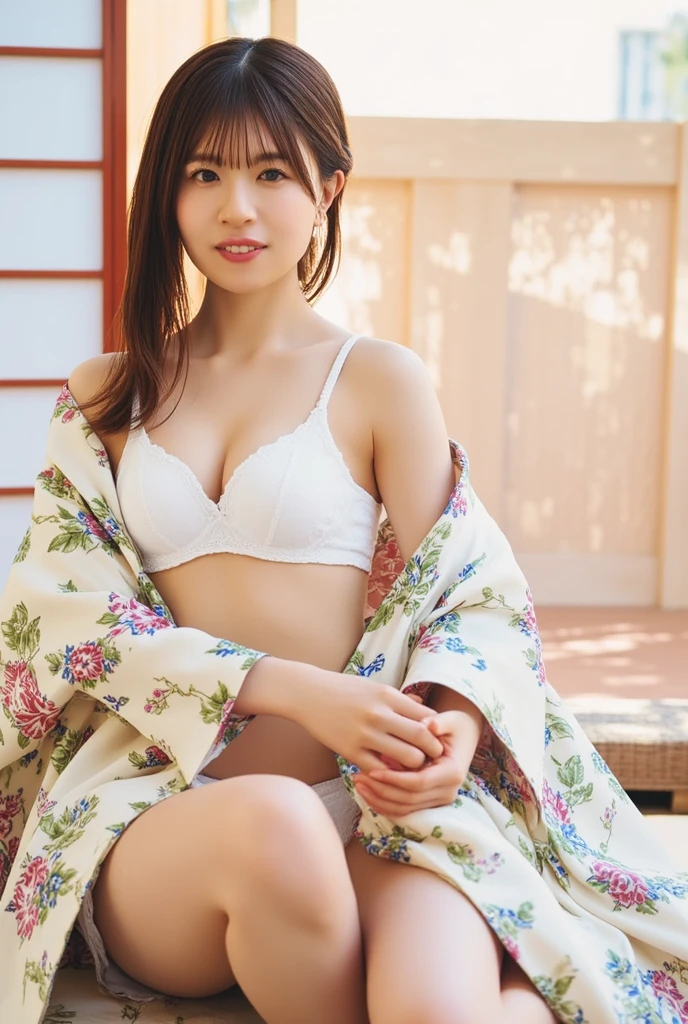 Women in Japan、adult-like、I am at a shrine wearing a luxurious kimono.、Light in the eyes、Looking at the camera、light dwells、plump figure