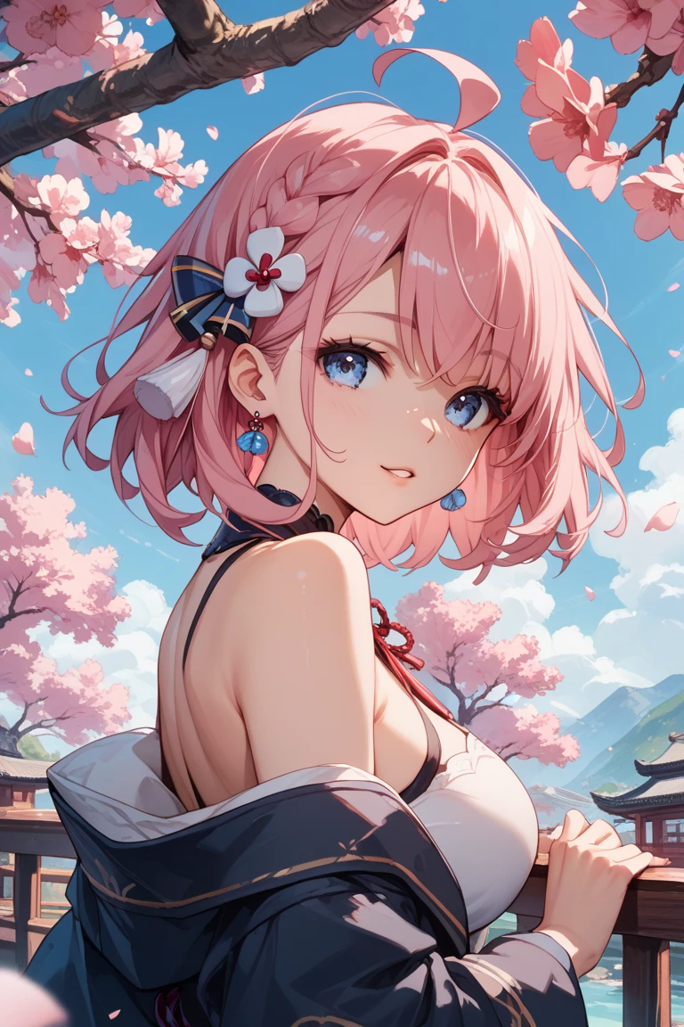 8K resolution, ((highest quality)), ((masterpiece)), ((Super detailed)), (And yet delicate and beautiful), beautiful girl, alone, gentle expression, She and(relax)and(Calm)exterior, pink hair in twintails,written boundary depth, bright smile, young look, bright gold-colored eyes, Beautiful pink hair, beautiful background, long hair, line drawing, yellow halter top,medium breasts,bare arms,Japan, Japanese Style, cherry blossomsのように輝く瞳, upper grade, wonderful eyes, cherry blossoms, cherry blossomsの木, cherry blossomsの花が舞っている, Upper body