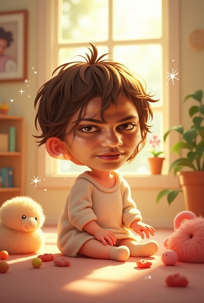 Retrato realista de um menino de três anos, Ele usa uma camisa vermelha . Your face is and exploratory . Ele sai cautelosamente para o jardim da casa,  A small cat is among the bushes and he touches it cautiously ,Not facing the camera,, Hair is messy , 