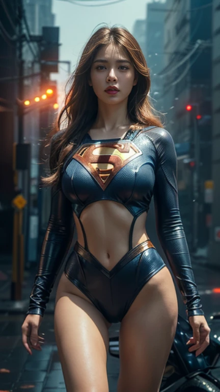 ((masterpiece, 8K, 3D, Realistic, Super Detail)), (1girl:1.3), slender 17 age, Ultra Micro photography, Super realistic, Perfect face, Beautiful features, ((Perfect female body)) Beautiful features, ( body), ((small hip)), Melissa Benoist as Tron, ((Exposed thigh)), Exposed Skin, Front Full body Shot, full body portrait, futuristic city background
