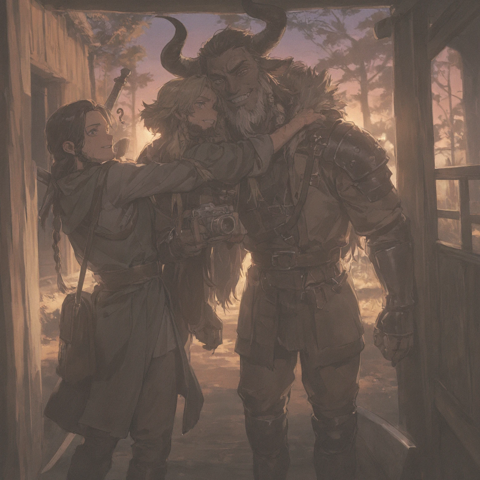 Horned shaggy demon, Creature, sitting next to a , hugs her, on the plane by the window, A high resolution, detailing 