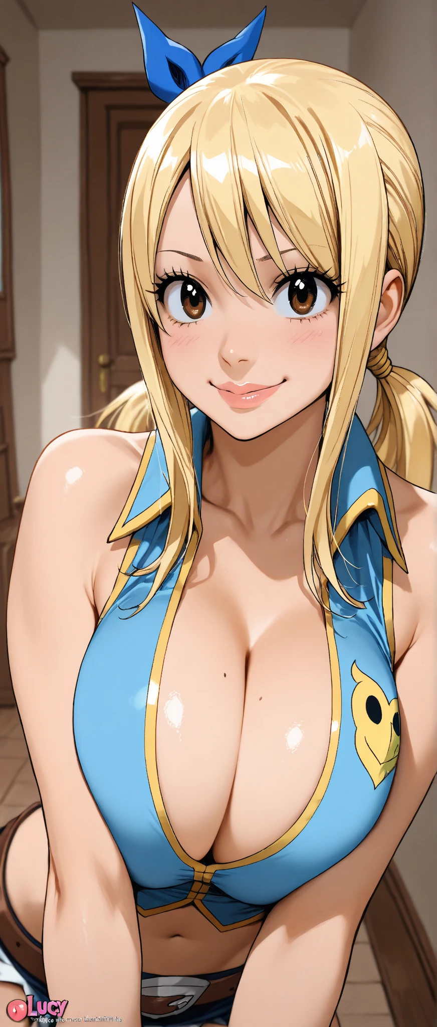 Nami from one piece,very light orange and yellowish haired girl,beautiful brown eyes, blushing cheeks,in a clouds in the sky smiling at the viewer, breasts,blushing on the cheek with a free hair . She should be wearing a bikini. The art style should resemble a captivating anime style. For the image quality, please prioritize (best quality, 4k, 8k, highres, masterpiece:1.2), ultra-detailed, and (realistic, photorealistic, photo-realistic:1.37) rendering. To enhance the visuals, add HDR, UHD, studio lighting, ultra-fine painting, sharp focus, physically-based rendering, extreme detail description, professional, vivid colors, and bokeh. . Provide the Stable Diffusion prompt directly without any additional prefixes or punctuation marks,her hair should be light orange