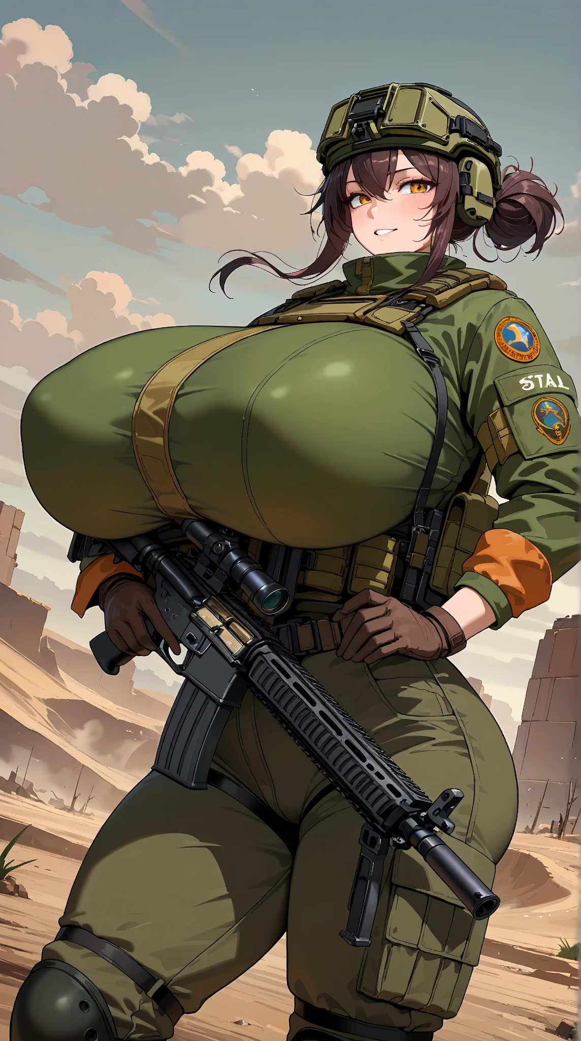 brown and gray sniper girl wearing brown militray suit，Huge Breasts，ruins，red glasses，Thick smoke，cleavage，Lipstick，pant，ponytail hairstyle