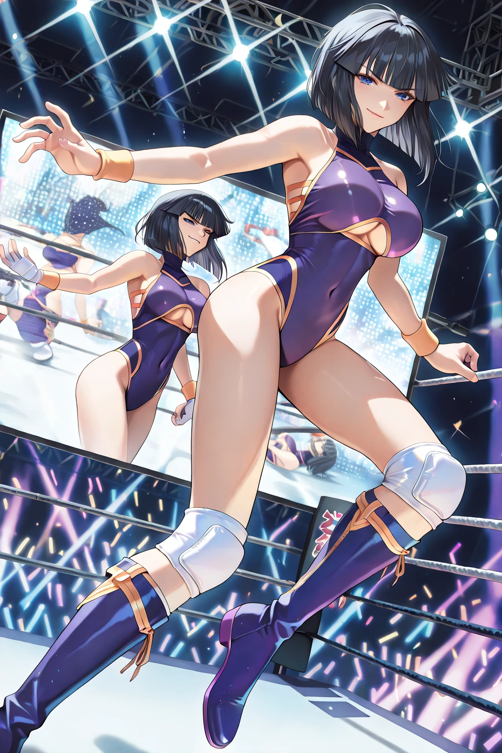 top-quality、extremely delicate and beautiful、Soio、Soio、Idol、14 year old girl、japanes、Lori、Chiquita、A dark-haired、((White and light blue leotard))、、Stand in the ring of professional wrestling、knee high socks,Fighting,Professional wrestling matches