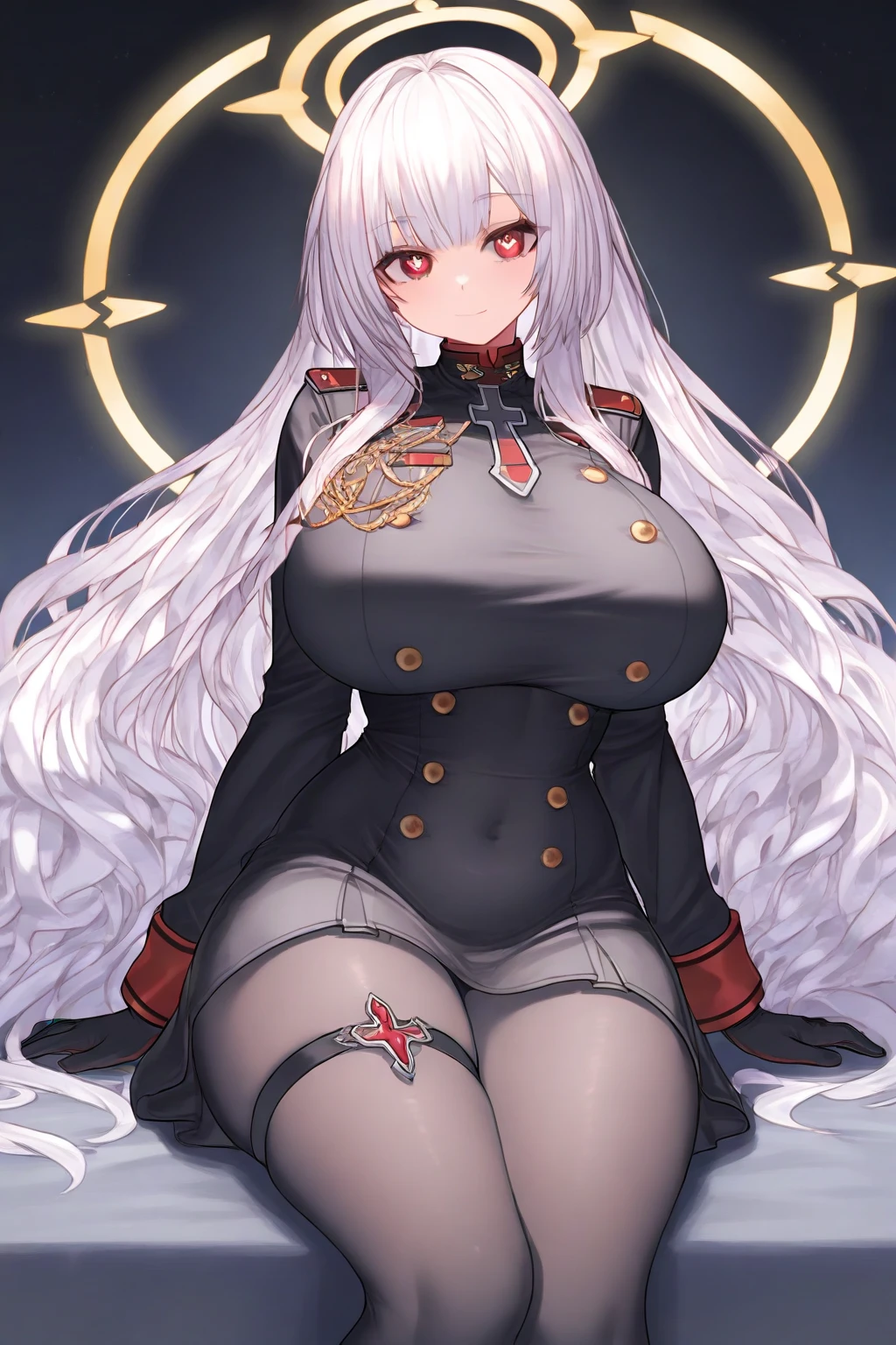 1girl, white hair, large breasts, thick thighs, leotard, knife, red eyes, black leotard, epaulettes, mature female, milf, toned, athletic female, standing