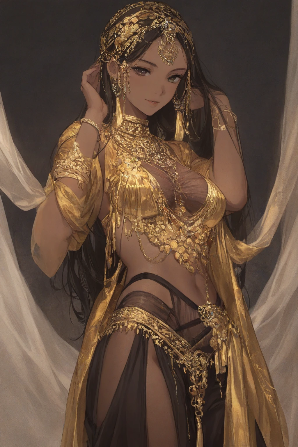 best quality, nsfw, extremely beautiful, beautiful face, long wavy dark hair, (Woman Dark : 1.6), (Dark skin : 1.6), (Shiny skin : 1.6), big breasts, long sexy black and gold dress neckline navel, black and gold breast curtains, long black and gold open_front_skirt, arousal pose, (Accessories: gold-plated chains with torn body : 1.2), (extremely long necklace that goes down to the navel : 1.5), gold leaf shaped hair brooch