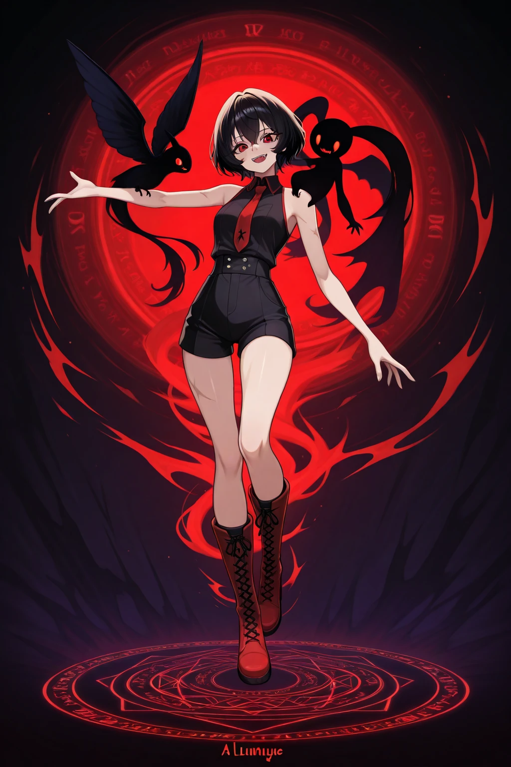 Horror-themed, score_9, score_8_up, score_7_up, score_6_up, score_5_up, score_4_up BREAK (kuria:1.1), 1girl, solo, black hair, two-tone hair, blue and red hair, medium breasts, blue eyes, hair ornament, looking at viewer, dynamic pose, cowboy shot, <lora:KuriaOCpdxl16.0.93tx1-000015:1>, Eerie, unsettling, dark, spooky, suspenseful, grim, highly detailed