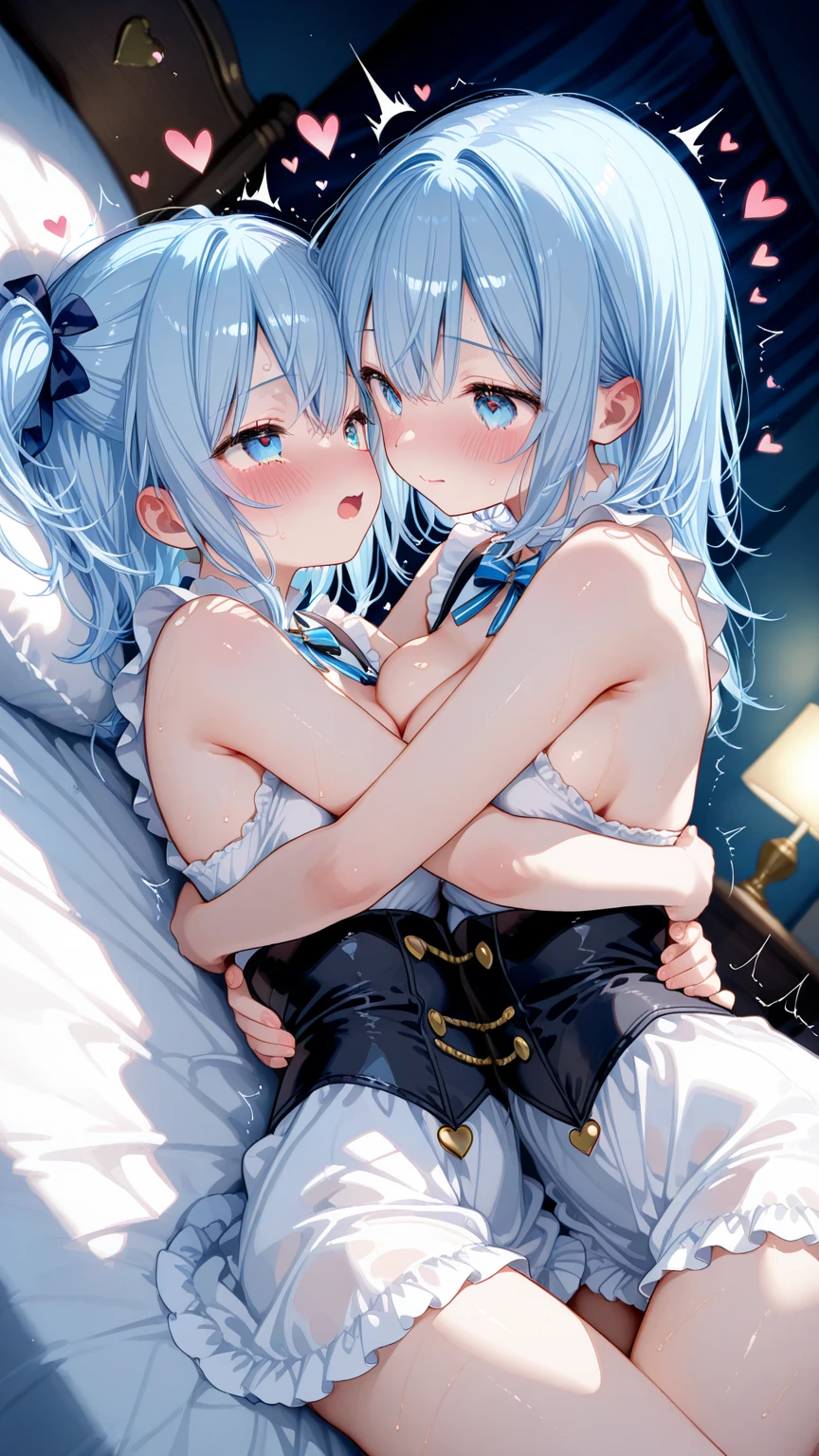 Lying on the bed)) ((Sleeping)) (Light in the moonlight, wearing cute pajamas, staring at the night sky through the window, silver hair
girl close