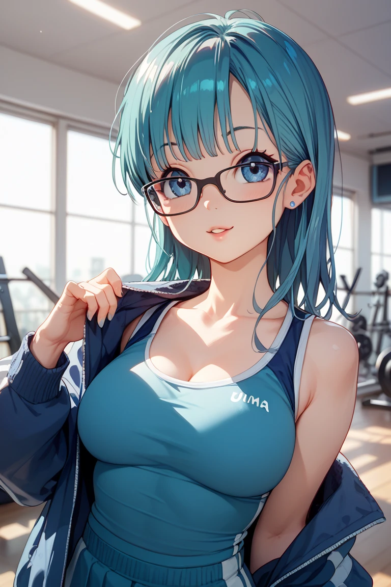 ((masterpiece)), ((best quality)), (ultra-detailed), Best Shadows, ((kawaii)), (cute), (lovely), ((sexy)), (ero), ((extremely detailed)), 4K, (8K), best quality, (beautiful), illustration, anime style, painting, dynamic angle, sitting, leg spreading stretch, (cowboy shot:1.2), (from wildcard:1.4), gradation, (full body focus), exercise room, a cute girl, 1girl, (solo:1.2), sports bra, yoga pants, Delicate Beautiful Attractive Face With Alluring Eyes, Clear eye contrast, beautiful light blue hair, Blush Eyeshadow, beautiful light blue eyes, ((beautiful eyes)), pink-skinned, sort hair, buttocks, large breast, glasses, smile, blush, sparkling effect, lens flare, steam effect, shiny-glistening, gleaming