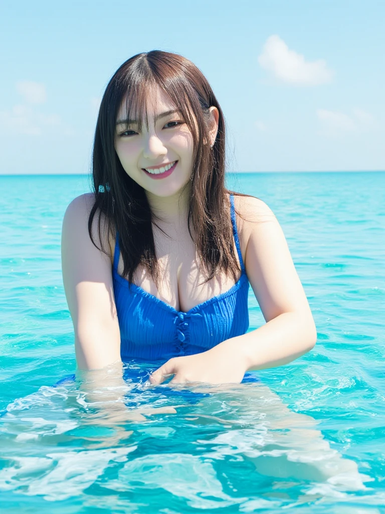 Cute and beautiful with semi-long hair２０A voluptuous Japanese woman in her late twenties is diving underwater and flashing a peace sign at the camera with a big smile.。she、She looks very cool in her micro bikini。There are lots of beautiful tropical fish swimming around.