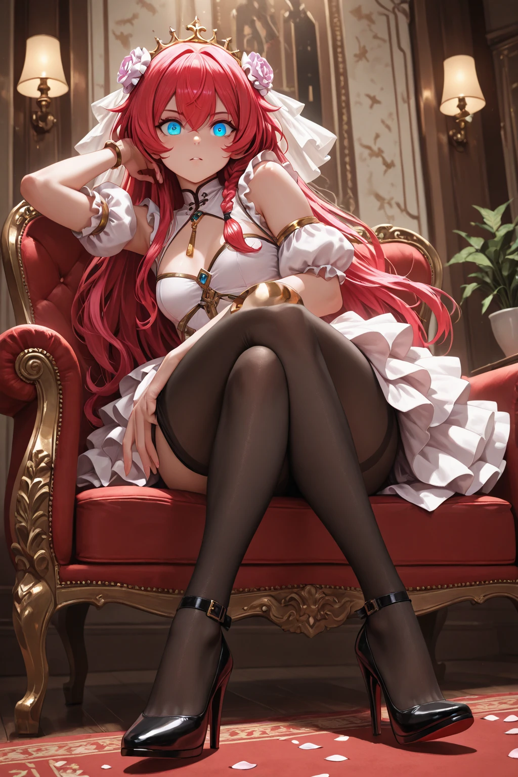 masterpiece, best quality, highres, rias gremory, 1girl, long hair, red hair, ahoge, blue eyes, large breasts, very long hair, breasts, huge ahoge,wearing edgGarterbelt,on bed ,wariza