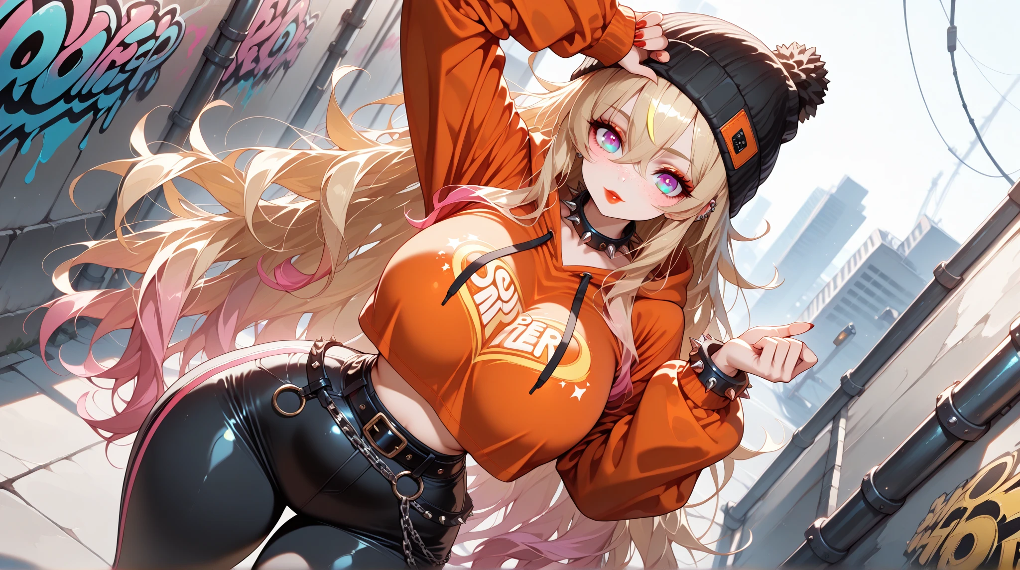 Original Character , 1girll, (mad smile:1.2) , blond hairbl , By bangs , Mad eyes , hands on face , Yellow blood splattered on the face, Yellow and black color scheme, with her mouth open, (largeeyes:1.2), glowing light eyes, Left star-shaped eye, Star-shaped eyes, Pink eyes,huge tit,Big ass,Ai Hoshino,head portrait,plumw,Raised sexy