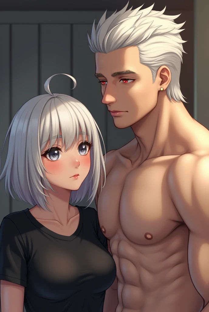 couple, bald man, girl with bangs