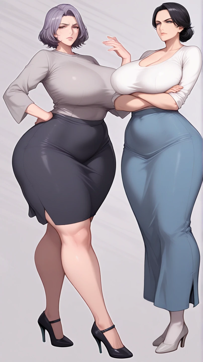 (Full body, glasses), An image of a pregnant girl wearing a blouse and a skirt. She has a very voluptuous body, pink hair and blue eyes