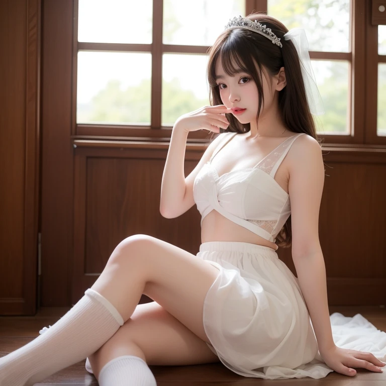 (8K, Raw photo, Best Quality, masutepiece:1.2), high-definition RAW color photography, professional photograpy, cowboyshot, (Realistic, photographrealistic:1.37), ((Best Quality)), 24 year old woman, Cinematic Light, (finerly detailed face:1.2), (masutepiece:1.5), (Best Quality:1.2), (Mole:0.5), (Smiling:0.9), (Looking at Viewer:1.2), hugging own legs, Squatting, Wrinkled white panties, bowtie, (Detailed Maid:1.2)


