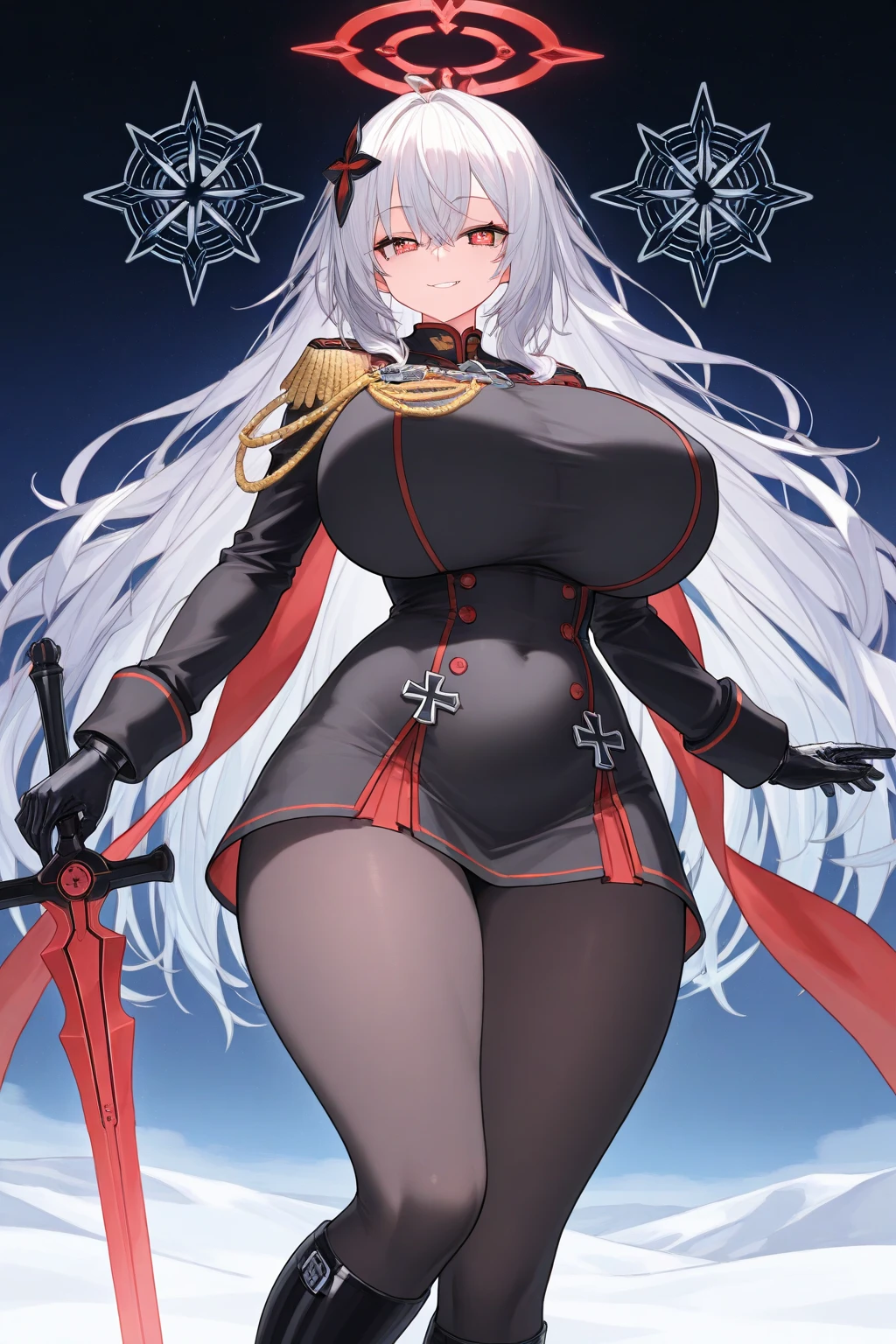 1girl, white hair, large breasts, thick thighs, leotard, knife, red eyes, black leotard, epaulettes