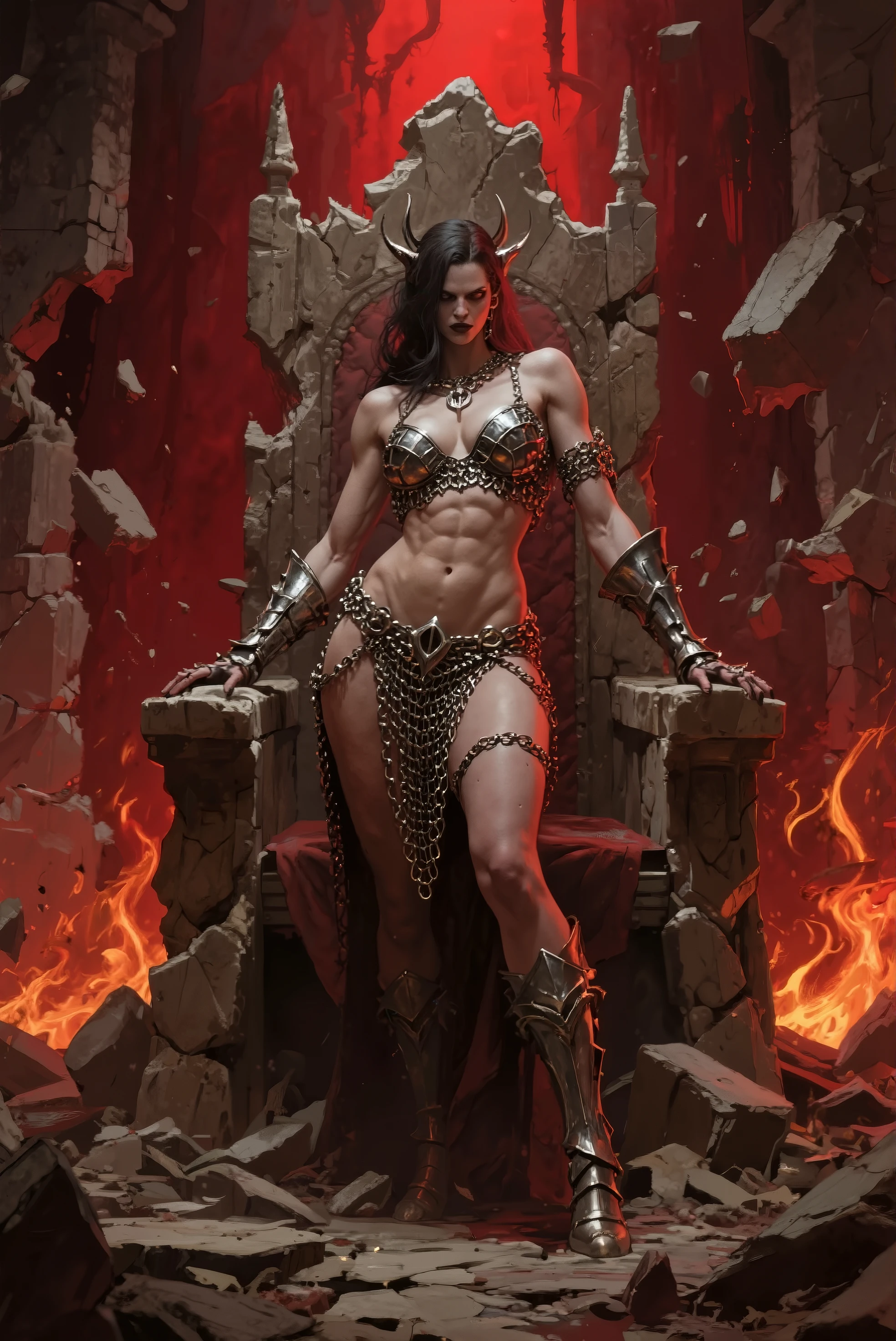 (beautiful punk woman) , queen of hell on her throne, (((striking eyes))), (skinny:1), (small:1), (big boobs:1.), (((night))), (((sitting on a burning steel throne))), (spread legs), extravagant, (((covered breasts))), oily wet skin, sweat, (((fire and demons))), (wicked smile), ((visible vagina)), ((shaved pubis)),tattoos, ((high heels)), (bodybuilder abs), (((punk gown)))