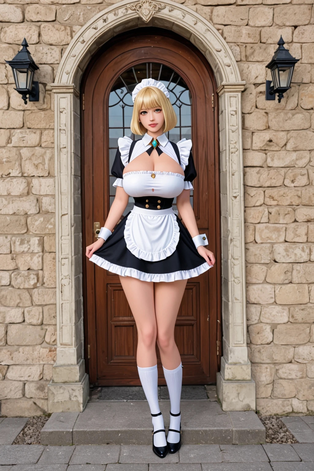1girl, blonde_hair, breasts, brick, brick_wall, cleavage, cosplay_photo, lips, maid, maid_headdress, realistic, solo, wall, short_hair, blue_eyes, large_breasts, dress, bow, bare_shoulders, upper_body, frills, parted_lips, choker, indoors, bowtie, apron, black_bow, waist_apron, white_apron, frilled_apron, nose, arm_garter, Ashley, 3d <lora:yushuang:0.7>