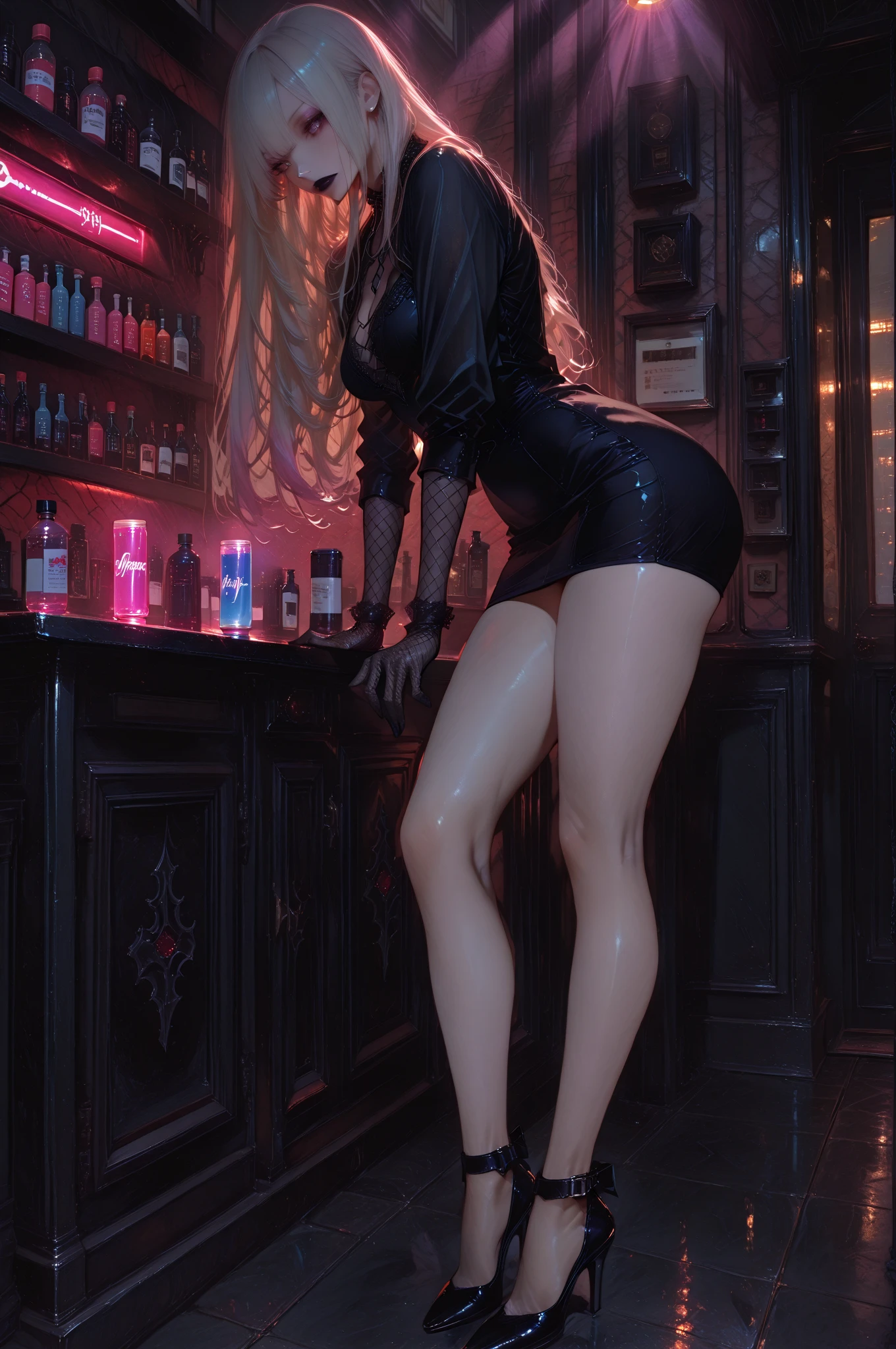 highres, beautiful women, women only, no men, tanned gyaru, blonde hair, high detail, good lighting, lewd, hentai, (((wearing fancy leather dress))), (((leather thigh high high heel boots))), (bare thighs), (((wetting herself))), (peeing herself), peeing stain, (puddle), (thick thighs), nice long legs, lipstick, detailed face, pretty face, seductive face, aroused, sexually excited, (full body shot), ((at bar sitting outside))