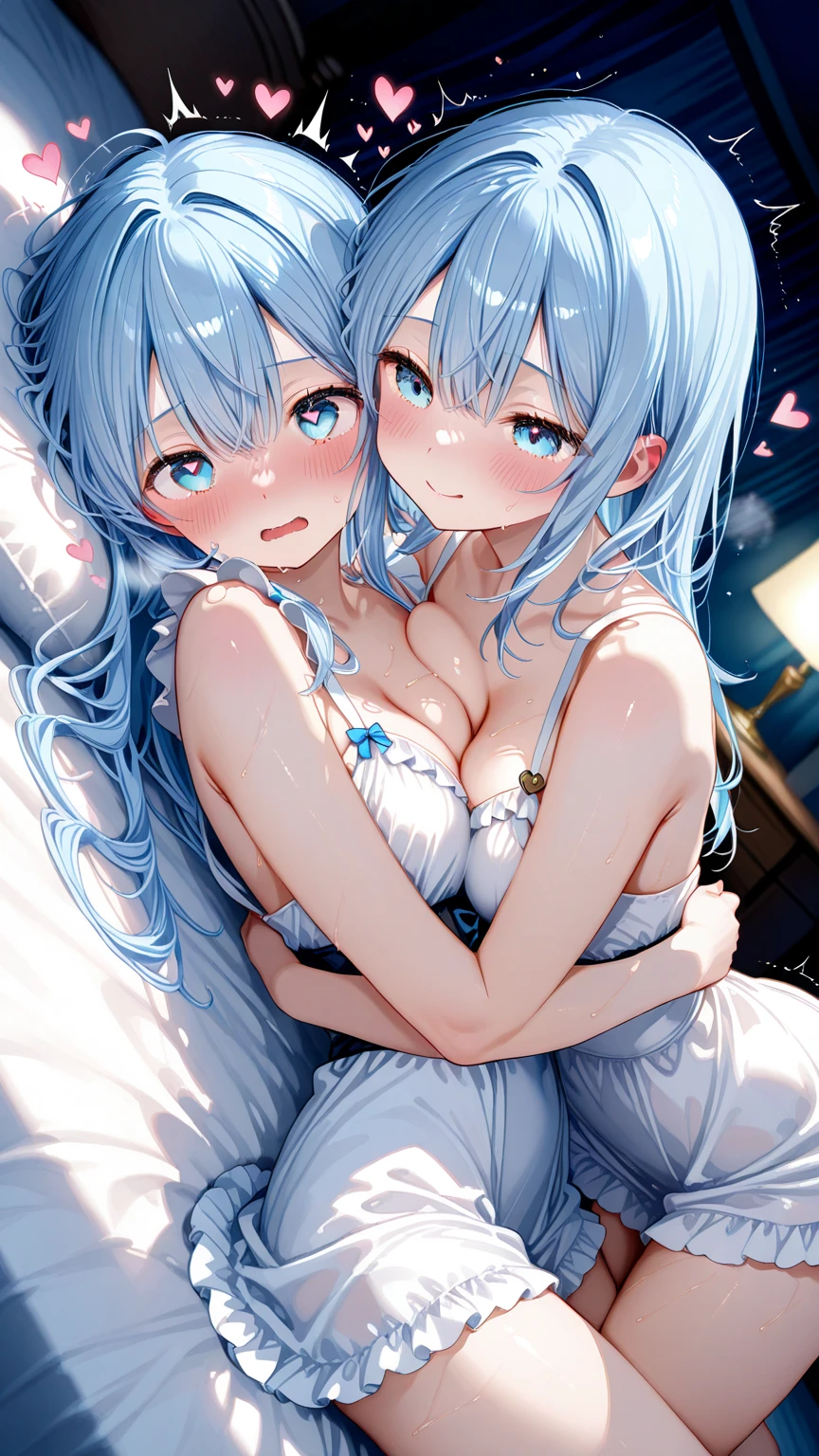2 20-year-old goddesses lying on their stomachs on the bed， mix4， Sweaters， pillow head， cparted lips， Open_Mouth， photorealestic， Photo_\（curly\）， 独奏， stuffed_Animal， stuffed_toys， teddy_bear，（tmasterpiece），（realisticlying：1.3）， Hyper-detailing， （highdetailskin：1.2），（best qualtiy：1.0）， （超高分辨率：1.0）， （Ulzzang-6500：0.3）， Wavy detail hair， long whitr hair， rays of sunshine， （Beautiful detail makeup）， （Sexual arousal blushing heavy breathing：1.0）， Flower theme flower petals scattered， （Soft glow overflow：0.5），H-cup huge breasts，Blush，