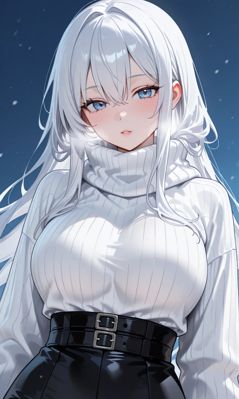 masterpiece, best quality, 1girl, very long silver hair, silver eyes, lying on back, upper body, fur jacket, pants, grey shirt, buttons, arctic ice sheet, northern lights, large breasts, arms behind head