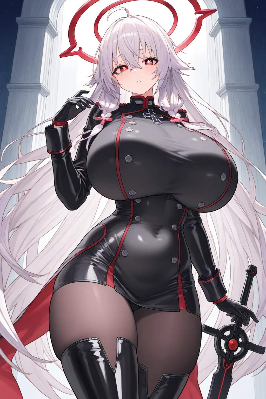 1girl, red eyes, white hair, long hair, glowing eyes, leotard, black leotard, belt, white gloves, large breasts, breasts, shoes, sneakers, wide hips, serious, black clothes, knife