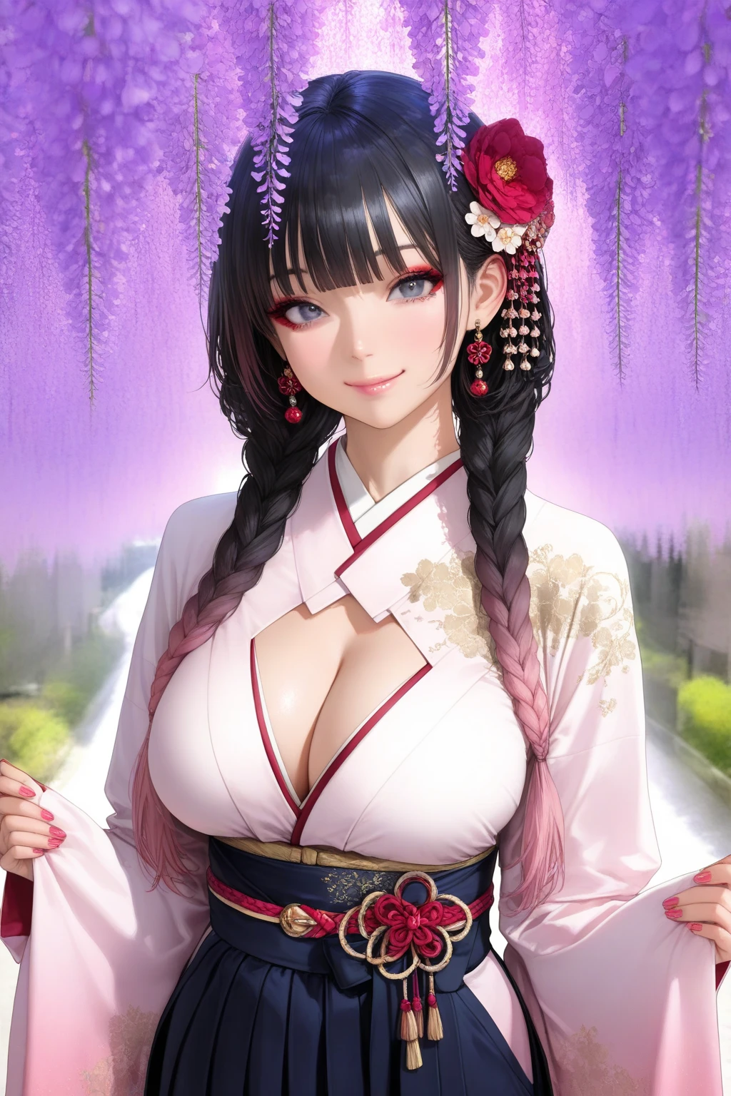 purple eyes, (highest quality, masterpiece絵画:1.3), Oboro, mature woman, 26 years old, (half body shot), masterpiece, Super high resolution, (Photoreal:1.0), purple hair、straight hair, Shiny and beautiful hair, white and shining skin, ((Super realistic details)), octane rendering, highly detailed face, (big breasts:0.8),(Sexy and gorgeous Japanese kimono,low cut neckline,delicate decoration:1.2), open neckline, (necklace:1.0),cleavage, perfect body, soft skin, anime face, perfect face, perfect eyes, looking at the viewer, smart, Under the cherry blossom tree background, cherry blossom petals are falling, outdoors,sharp focus, intricate details, professional artwork, (Bright colors:1.1), Bright colors, diffused lighting, digital blending, Super detailed body, ultra detail hair, super detailed face, It's trending on pixiv, top button opened, Cute gaze, compensate, perfect lips, perfect compensate, Super precise painting, (light_smile:0.8), (Very embarrassed:1.2), blush your nose,